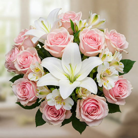 Blush Elegance: Pink Rose & White Lily Bouquet