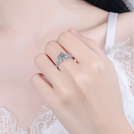 Bloom Radiance: Silver Flower Ring with Moissanite & Zircon Stones